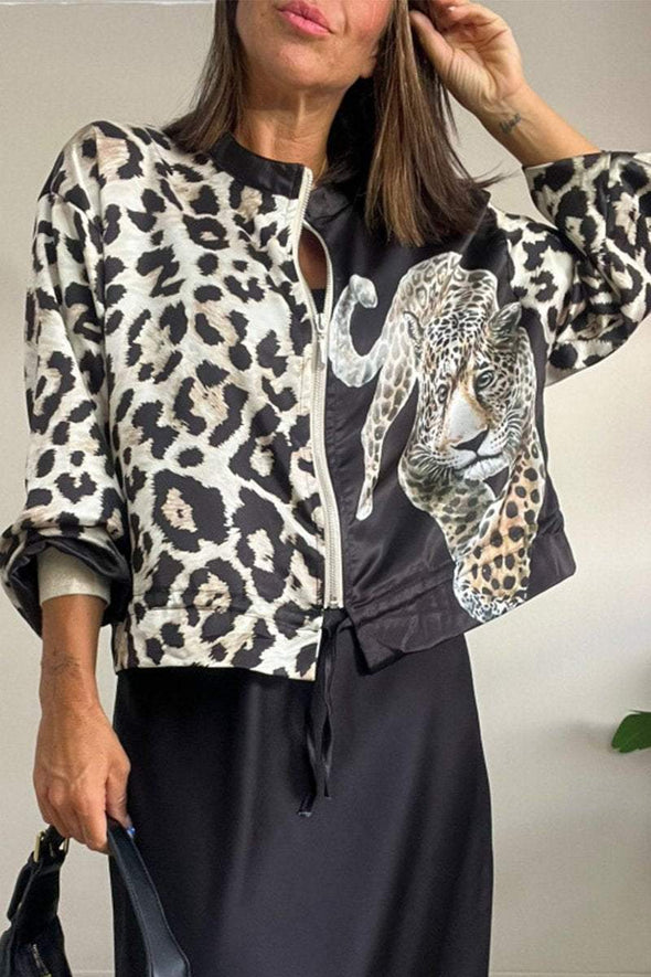 Women's Casual Round Neck Leopard Printed Zipper Jacket