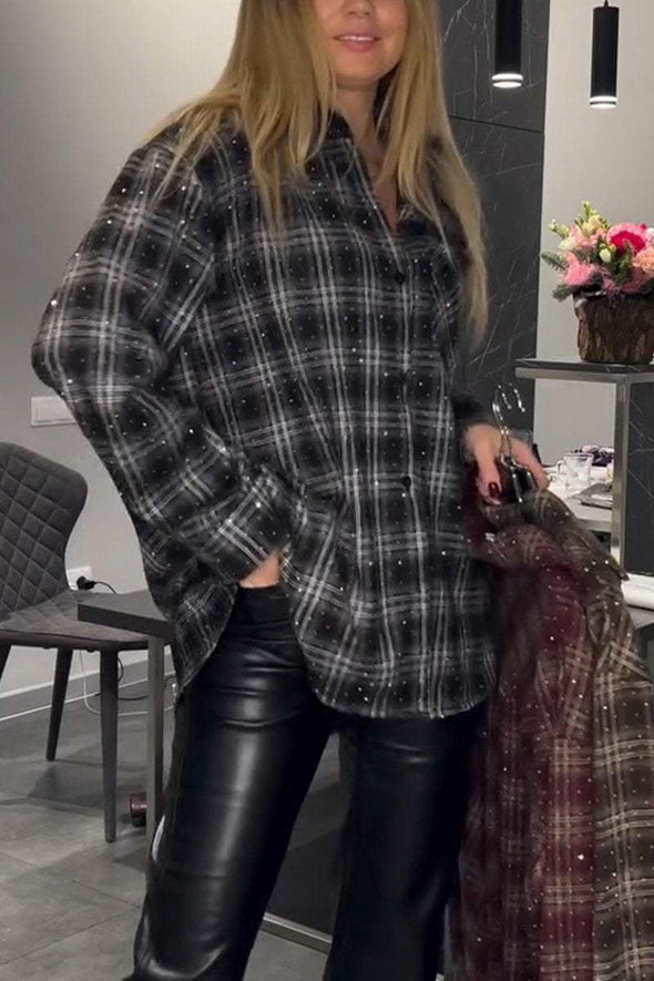 Women's Casual Lapel Single-breasted Shiny Plaid Shirt