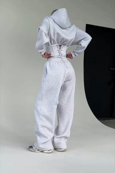 Women's Fashion Early Spring Hooded Waisted Cropped Top Loose Wide Leg Pants Two-piece Set