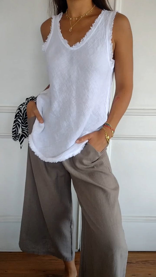 Cotton and Linen V-neck Raw Edge Design Vest