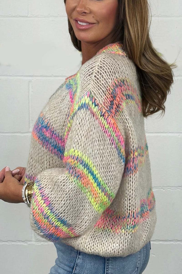 Women's V-Neck Multicoloured Stripe Knit Jumper