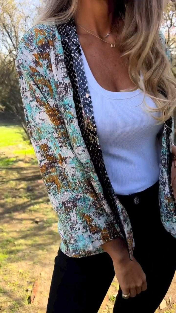 Sequin Patchwork Printed Cardigan