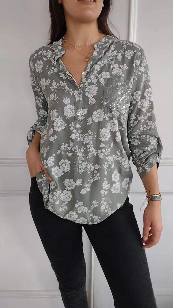 Women's V-neck Mid-sleeve Printed Casual Top