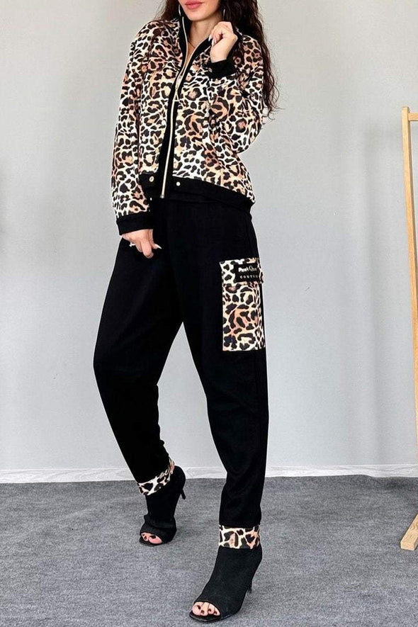 Women's Round Neck Long Sleeve Leopard Print Casual Suit