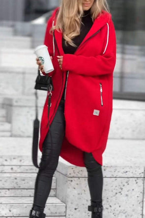 Women's Solid Color Zipper Hooded Casual Coat