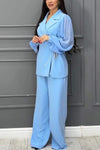 Women's Casual Lapel Chiffon Puff Sleeve Stitching Two-piece Suit