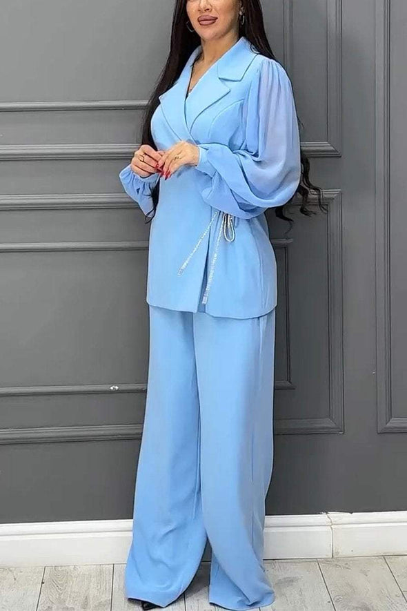 Women's Casual Lapel Chiffon Puff Sleeve Stitching Two-piece Suit