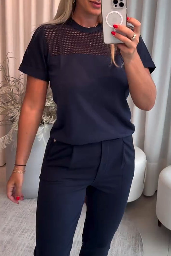 Women's Casual Round Neck Cutout Top And Sweatpants Suit