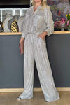 Women's Fashion Sequin Shirt Casual Wide Leg Pants Two-Piece Set