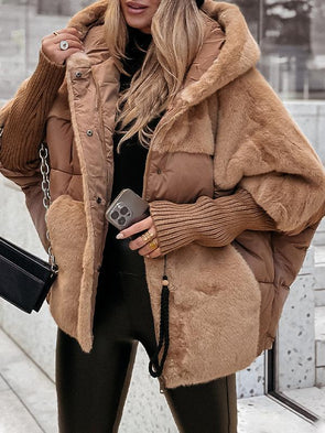 Women's Hooded Long-sleeved Fur Patchwork Winter Casual Coat