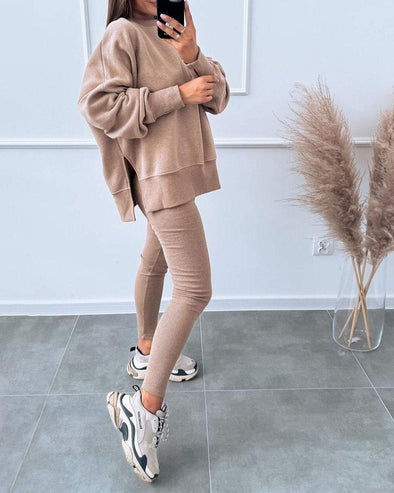 Women's Solid Color Casual Pullover Sweatshirt Two-piece Set