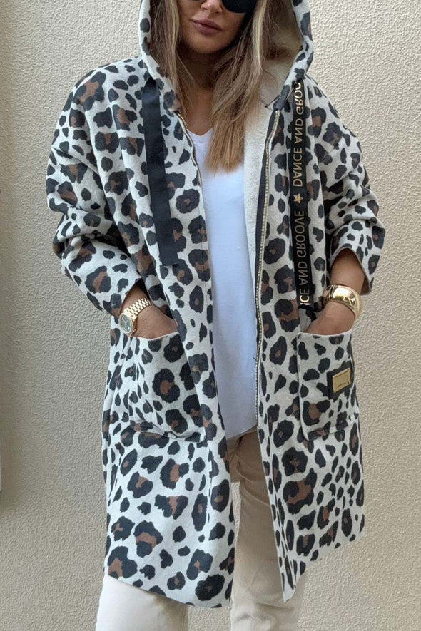 Women's Casual Loose Leopard Print Hooded Coat