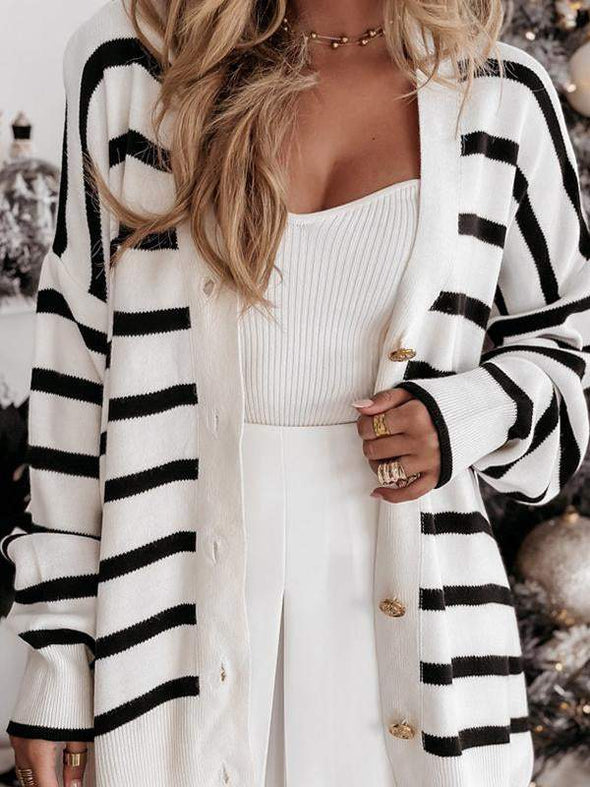 Women's Spring and Fall V-neck Striped Knit Cardigan