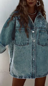 Women's Lapel Rhinestone Button Casual Denim Shirt