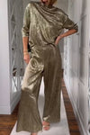 Women's fashion metallic fabric stand collar top and pants two-piece set