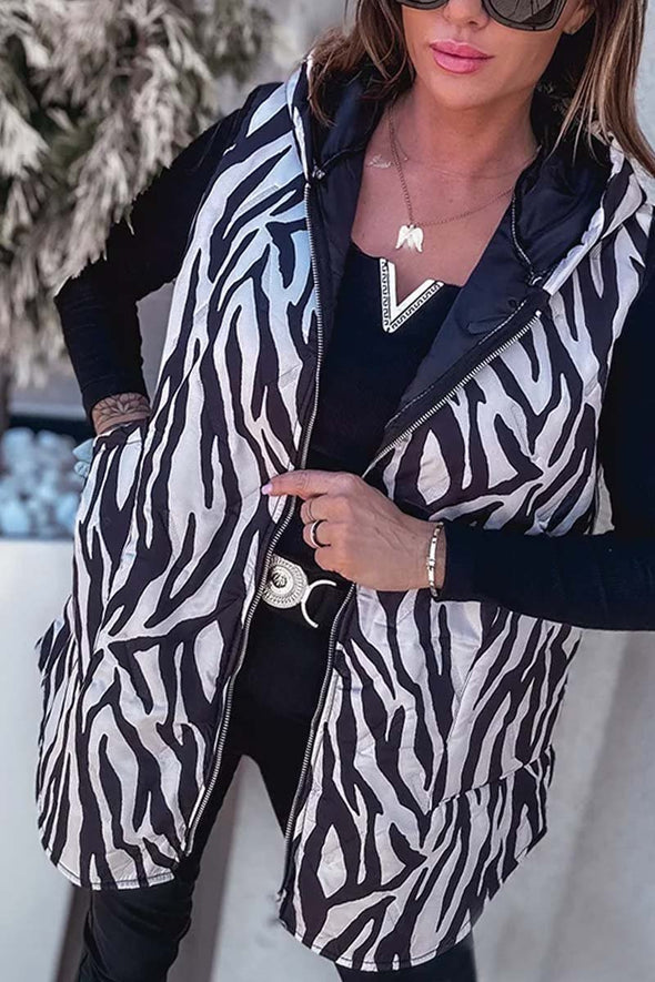 Women's Casual Zebra Print Hooded Sleeveless Coat