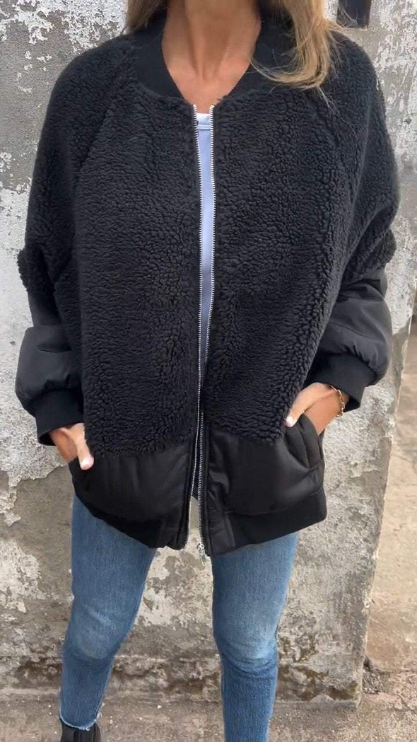 Women's Round Neck Long Sleeve Plush Patchwork Coat