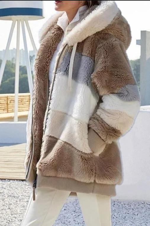 Women's Casual Warm Fur Contrast Hooded Jacket