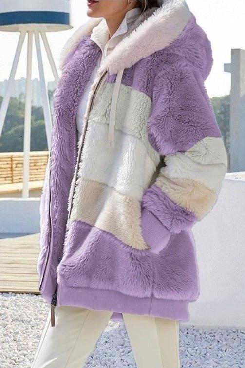 Women's Casual Warm Fur Contrast Hooded Jacket