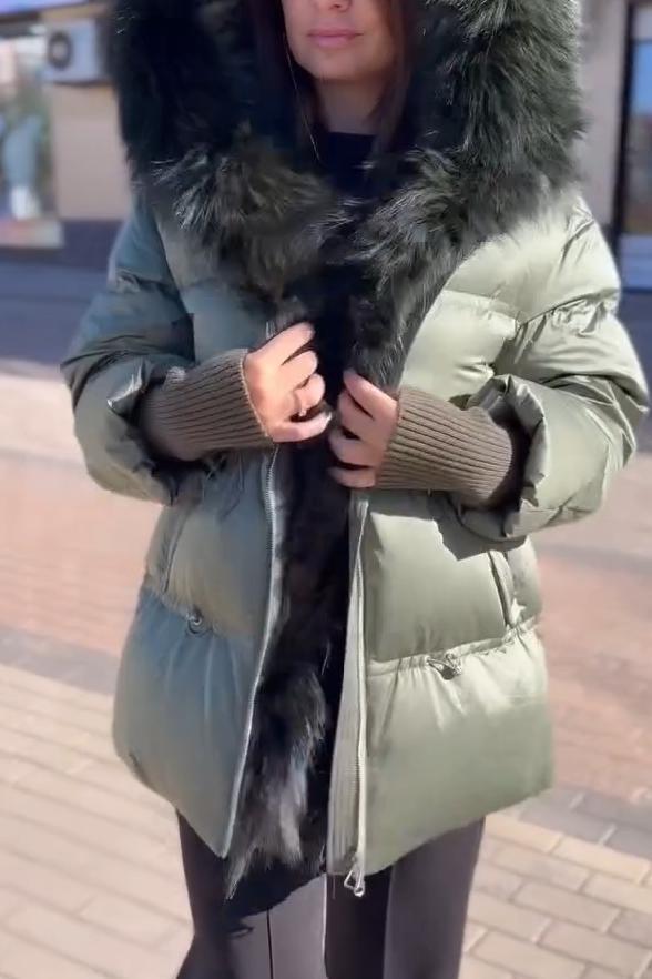 Women's Casual Solid Color Warm Large Fur Collar Cotton Coat