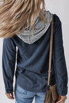 Ladies Lapel Buttoned Cardigan Hooded Drawstring Striped Jacket