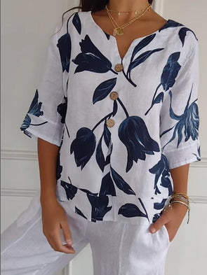 Women's Cotton and Linen Printed Casual Shirt