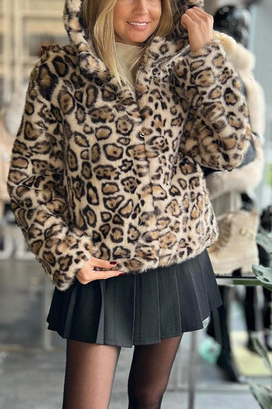 Women's Casual Hooded Leopard Fur Coat