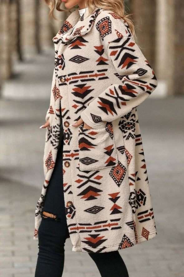 Women's Single-breasted Ethnic Style Printed Plush Long Coat