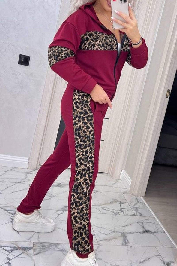 Women's Solid Color Casual Leopard Print Stitching Two-piece Set