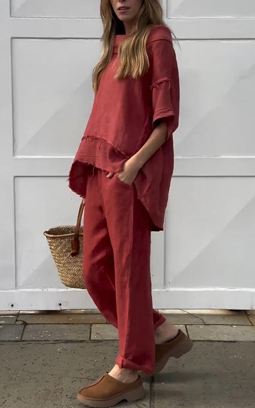 Women's Casual Round Neck Solid Color Cotton and Linen Two-piece Suit