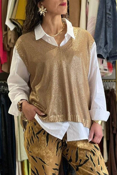 Women's V-neck Gold-stamped Vest + Shirt Set