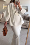 Women's Long-sleeved V-neck Top and Hip Skirt Suit