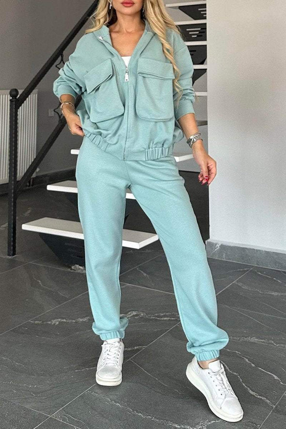 Women's Hooded Long-sleeved Multi-pocket Casual Suit