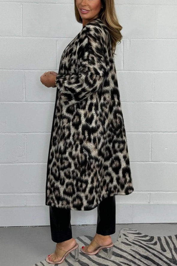 Women's Print Wool Mix Faux Leather Trim Lightweight Collarless Coat