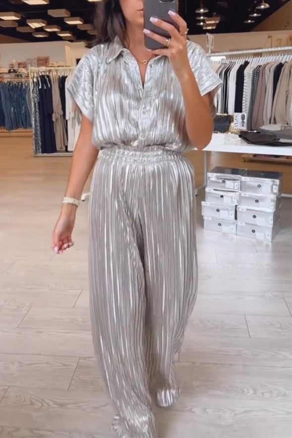 Women's Elegant Accordion Pleated Metallic Coated Button Shirt & Elegant Accordion Pleated Metallic Coated Stretch Pants