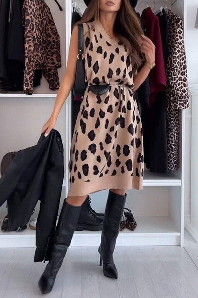 Women's Casual V-neck Leopard Printed Knitted Dress