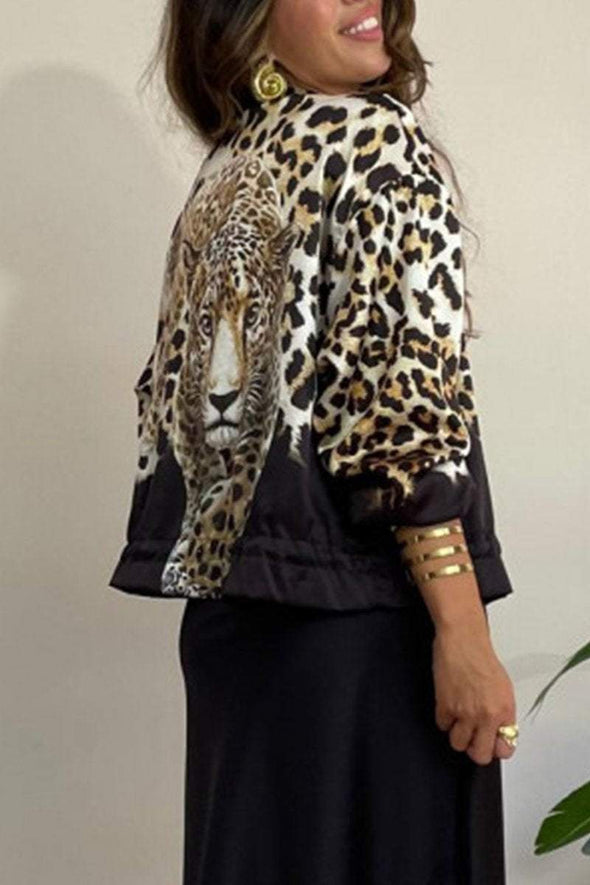 Women's Casual Round Neck Leopard Printed Zipper Jacket