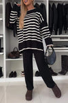 Women's Multi-colored Striped Crew Neck Pullover Casual Knit Suit