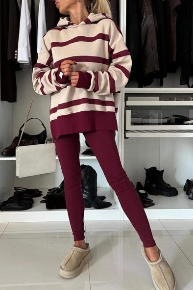 Women's Hooded Striped Casual Sweatshirt Set + Suit Set