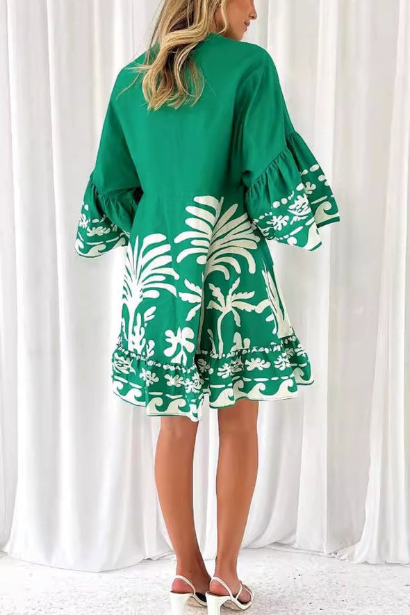 Women's V-neck printed trumpet sleeve loose short dress