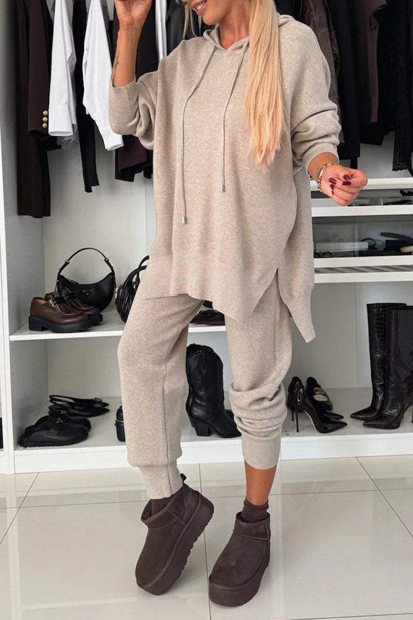 Women's Solid Color Casual Loose Hooded Side Open Hoodie Set