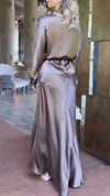 Women's Round Neck Long Sleeve Satin Elegant Dress Suit