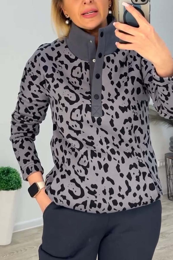 Women's casual leopard print half-button pullover sweatshirt