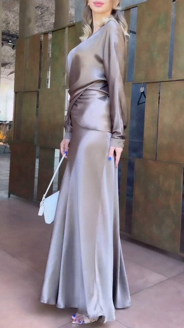 Women's Round Neck Long Sleeve Satin Elegant Dress Suit