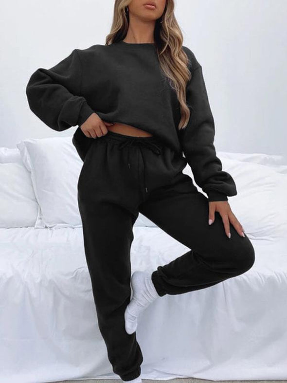 Solid color round neck trousers and long sleeve sweatshirt suit
