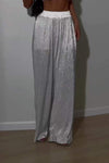 Women's Fashion Solid Color Shiny Elastic Waist Wide Leg Pants