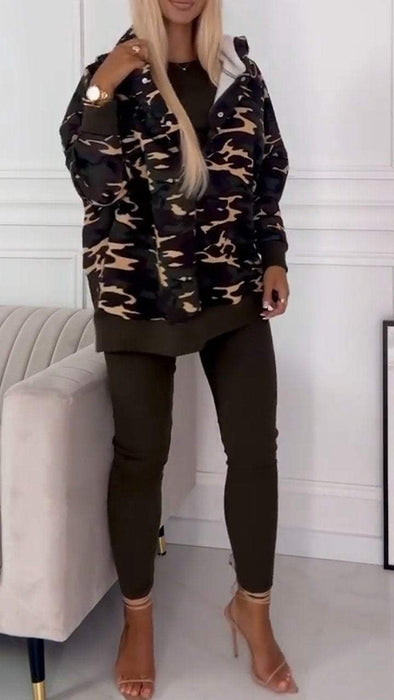 Women's Hooded Camouflage Print Casual Sports Three-piece Suit