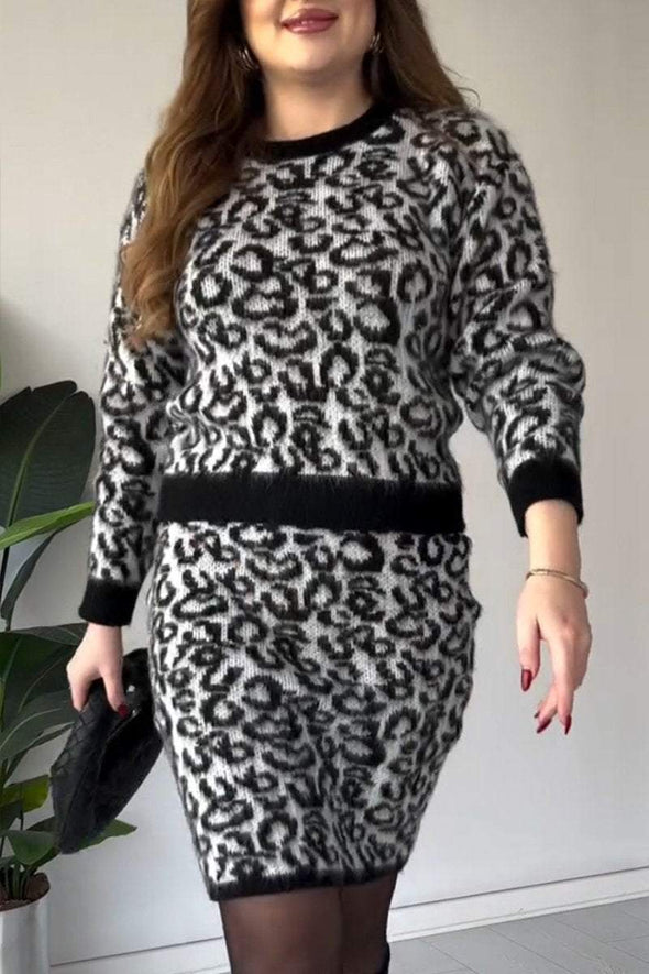 Women's Fur Round Neck Leopard Print casual Suit