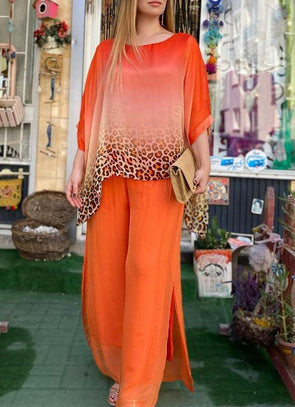 Leopard Print Chiffon Mid-sleeve Casual Two-piece Suit