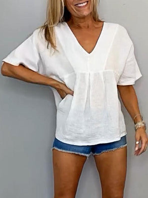 Women's Solid Color Cotton and Linen Top and Denim Shorts Two-piece Set Purchased Separately